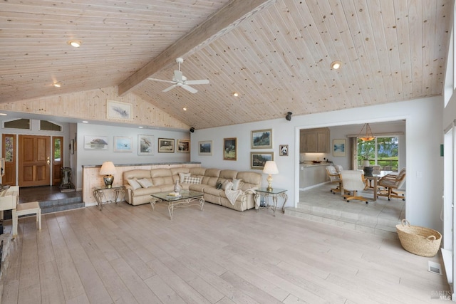 living room featuring high vaulted ceiling, ceiling fan, light hardwood / wood-style floors, beam ceiling, and wooden ceiling