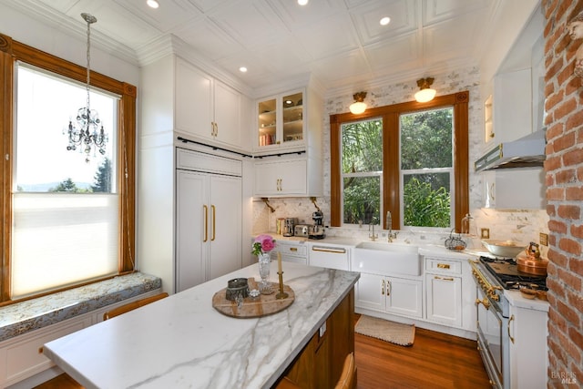 kitchen featuring tasteful backsplash, sink, light stone counters, high quality appliances, and white cabinetry