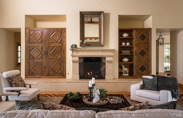 living room featuring a fireplace