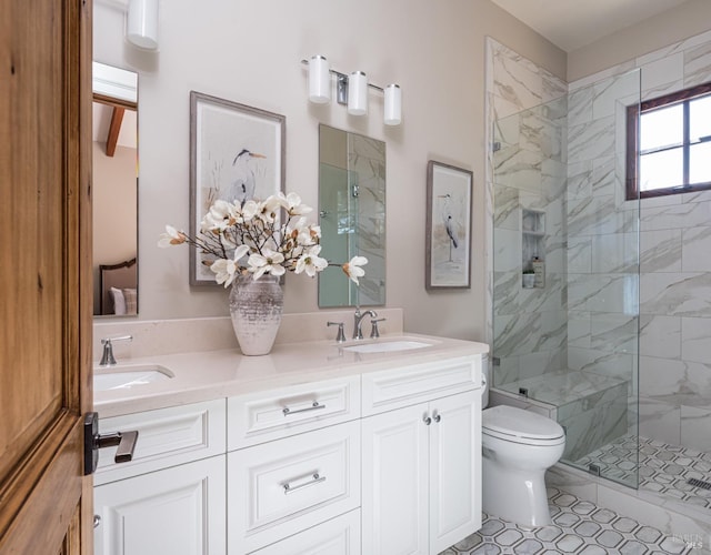 bathroom with vanity, a shower with door, and toilet