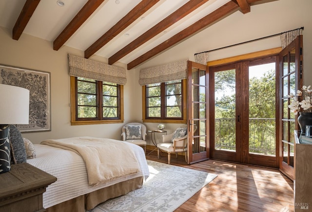 bedroom with access to outside, lofted ceiling with beams, and light wood-type flooring