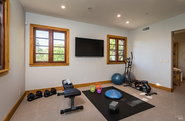 exercise room featuring carpet