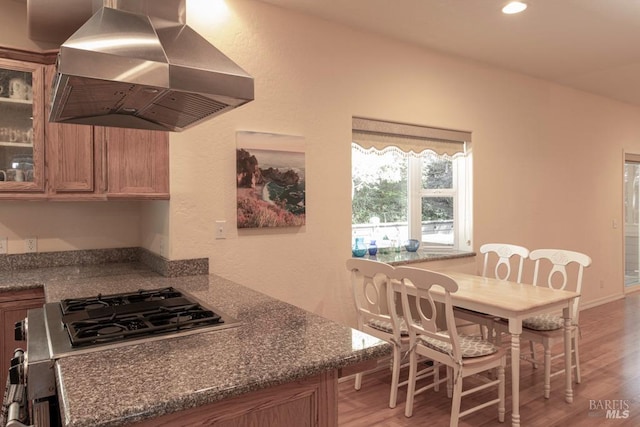 kitchen featuring hardwood / wood-style floors, exhaust hood, and dark stone counters