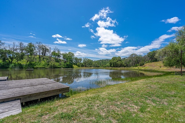 dock area with a water view and a lawn