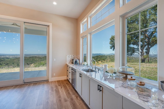 interior space featuring a healthy amount of sunlight, light stone counters, and sink