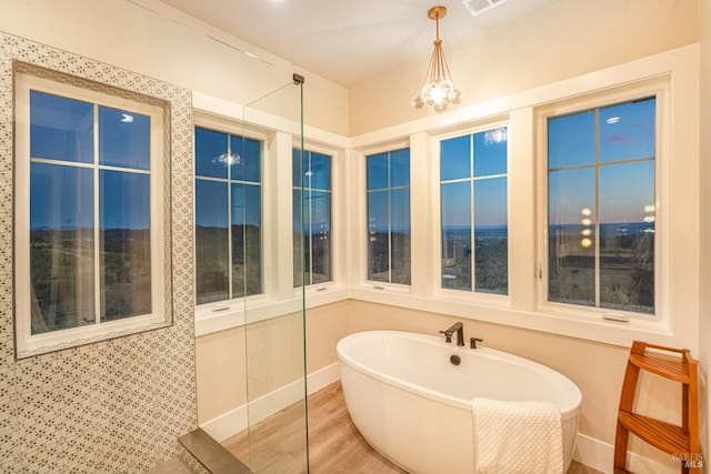 bathroom with hardwood / wood-style floors, vanity, a healthy amount of sunlight, and a shower with door