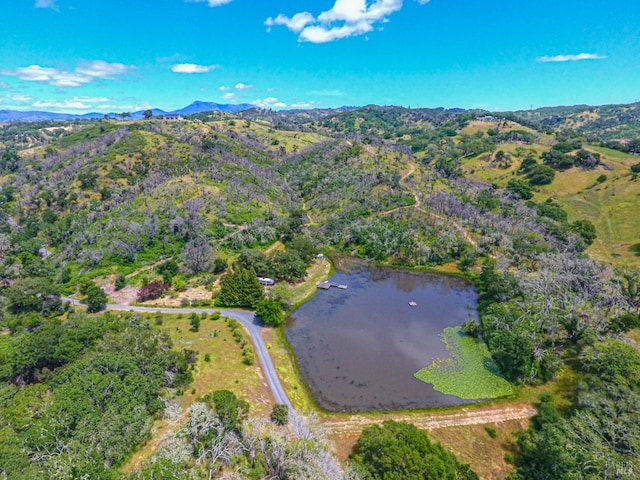 bird's eye view with a water and mountain view