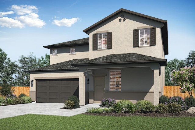 traditional-style home featuring driveway, a shingled roof, fence, and stucco siding