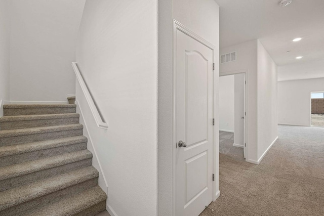 staircase featuring carpet floors