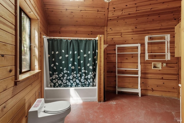 bathroom with wooden walls, shower / tub combo, toilet, and wood ceiling