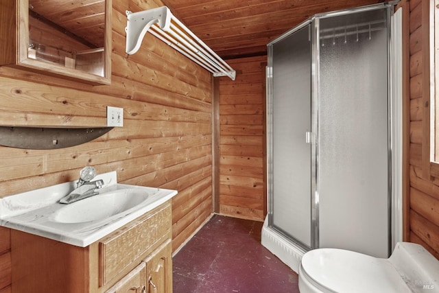 bathroom with wood ceiling, large vanity, toilet, and rustic walls