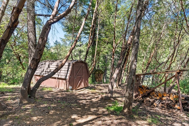 view of yard featuring a storage shed