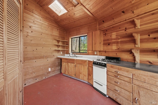 kitchen featuring wooden walls, vaulted ceiling with skylight, white range with gas cooktop, and wooden ceiling