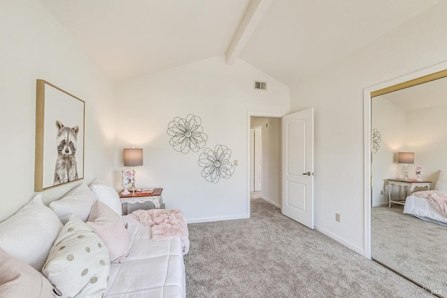 interior space with vaulted ceiling with beams