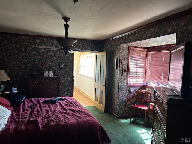 bedroom featuring carpet floors, multiple windows, and ceiling fan