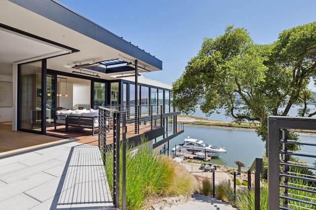 exterior space with a water view