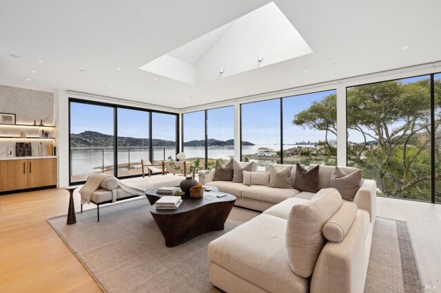 birds eye view of property with a water and mountain view