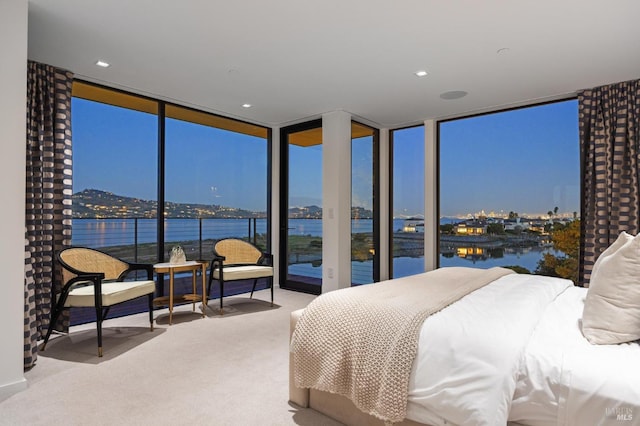 bedroom featuring access to exterior, carpet, floor to ceiling windows, and a water view