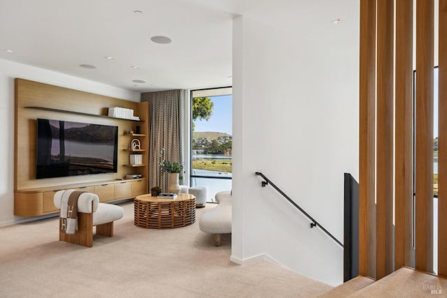 431 E Strawberry Dr, Mill Valley, CA 94941 - carpeted living room featuring floor to ceiling windows and baseboards