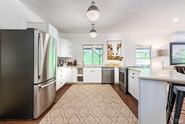 kitchen with decorative light fixtures, appliances with stainless steel finishes, dark hardwood / wood-style flooring, and white cabinetry