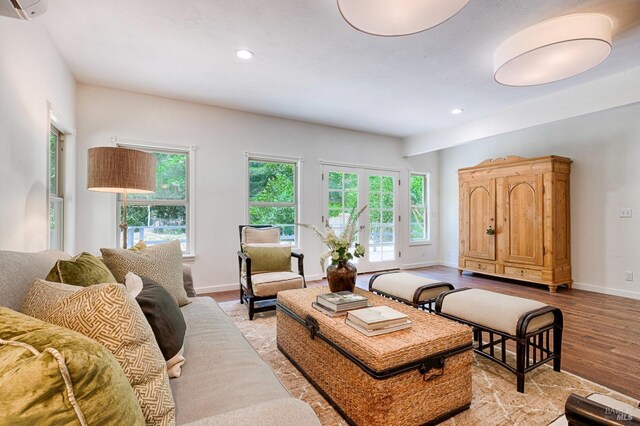 living room featuring hardwood / wood-style floors, a wealth of natural light, and a wall mounted AC