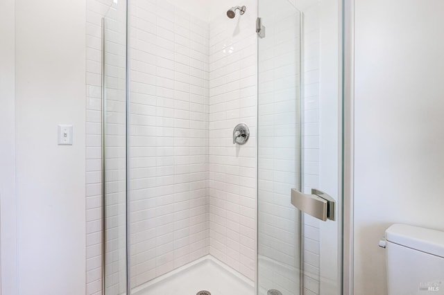 full bathroom featuring a stall shower and toilet