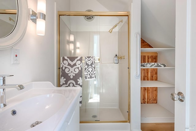 full bathroom with a shower stall and a sink