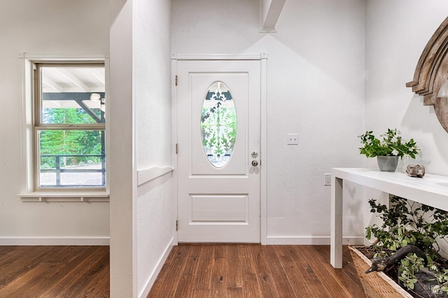 foyer entrance with baseboards and dark wood-style flooring