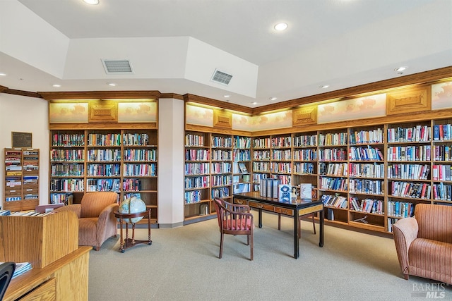 living area featuring carpet flooring