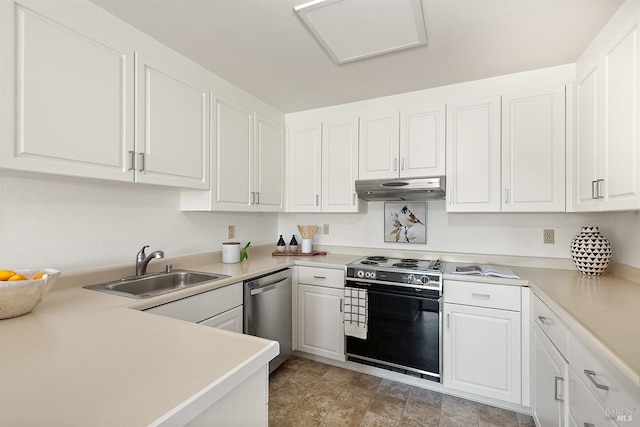 kitchen featuring dishwasher, white electric range oven, and white cabinets