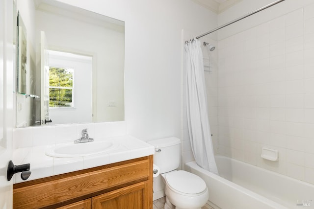 full bathroom with toilet, shower / bath combination with curtain, and vanity