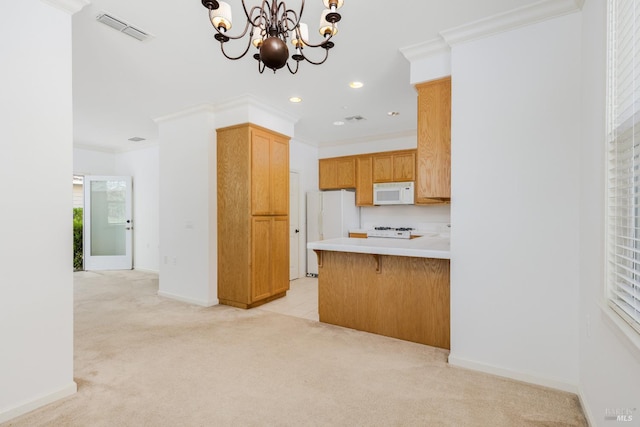 kitchen featuring light colored carpet, light countertops, visible vents, white appliances, and a peninsula