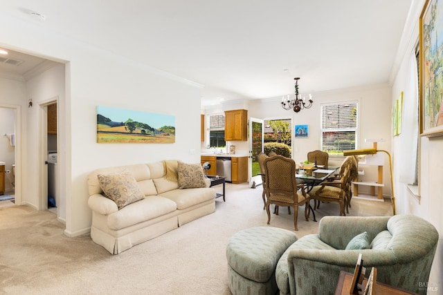 living area featuring light carpet, ornamental molding, visible vents, and a notable chandelier