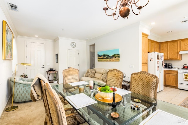 dining area with recessed lighting, light colored carpet, visible vents, ornamental molding, and a chandelier