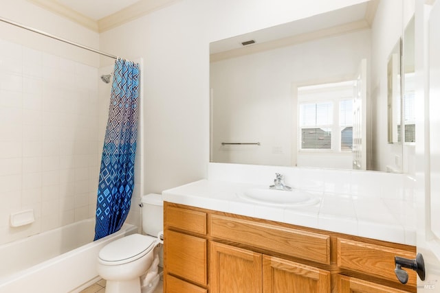 full bath featuring visible vents, toilet, ornamental molding, shower / bathtub combination with curtain, and vanity