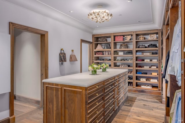 spacious closet featuring a notable chandelier and light wood-type flooring