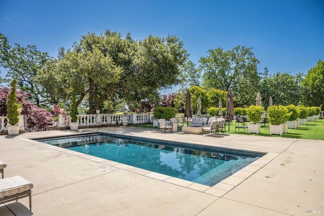 view of pool with a patio and an outdoor living space