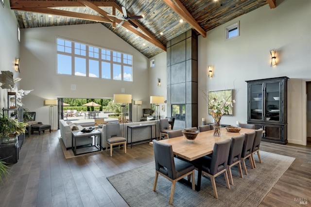 dining room with high vaulted ceiling, beamed ceiling, dark hardwood / wood-style flooring, and plenty of natural light