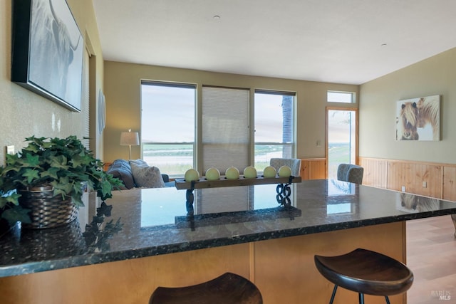 kitchen featuring a kitchen breakfast bar, a wealth of natural light, dark stone countertops, and lofted ceiling