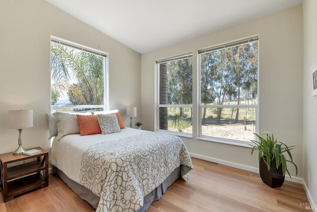 bedroom with light hardwood / wood-style floors and vaulted ceiling