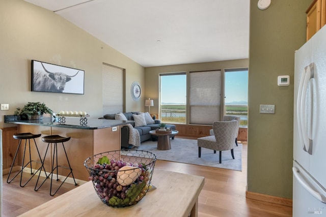 living room featuring a water view, light wood-type flooring, and vaulted ceiling