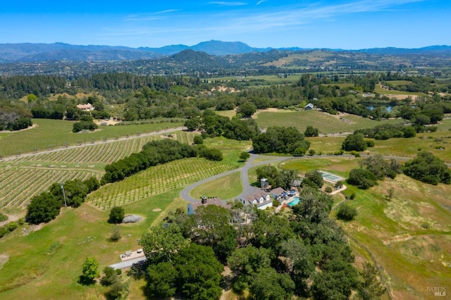 aerial view featuring a mountain view and a rural view