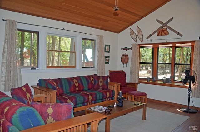 living room with hardwood / wood-style flooring, wood ceiling, and vaulted ceiling