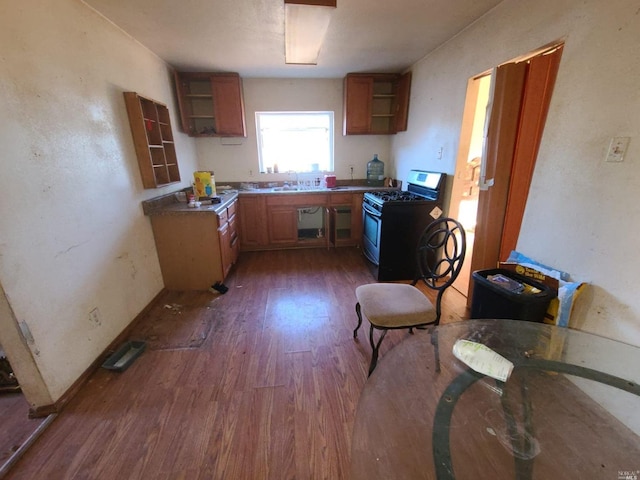 kitchen featuring black gas stove, sink, and dark wood-type flooring