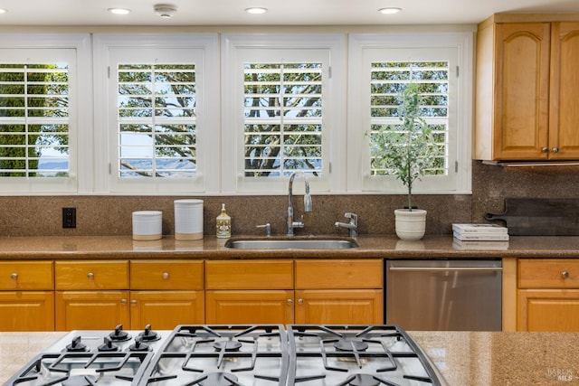 kitchen featuring sink, dishwasher, decorative backsplash, and plenty of natural light