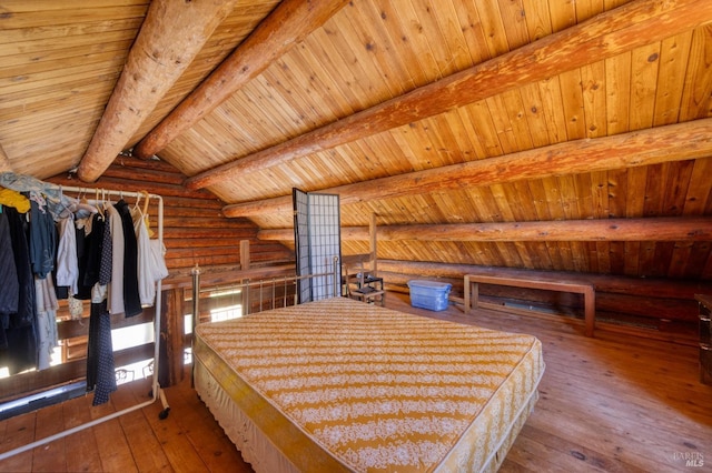 unfurnished bedroom featuring rustic walls, wooden ceiling, vaulted ceiling with beams, and hardwood / wood-style flooring
