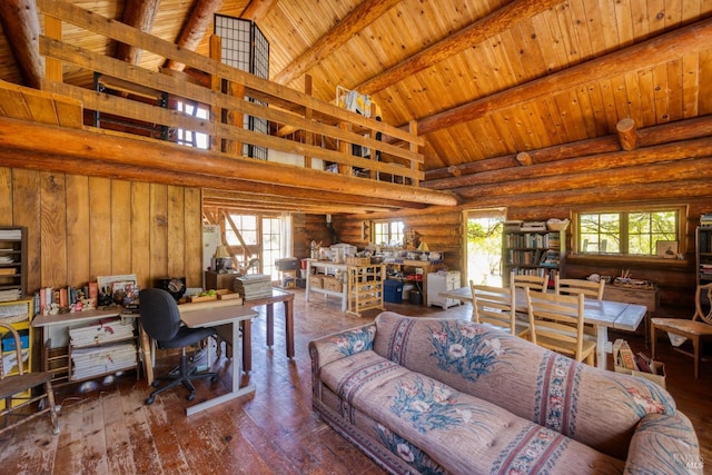 living room featuring hardwood / wood-style floors, beam ceiling, wood ceiling, high vaulted ceiling, and log walls