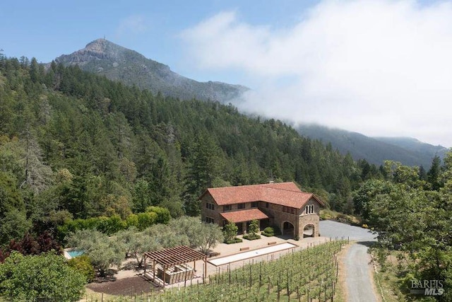 drone / aerial view featuring a mountain view and a rural view