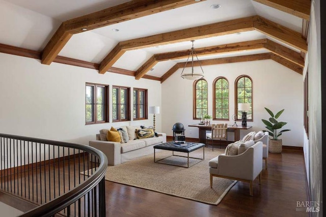 living room featuring dark hardwood / wood-style flooring, plenty of natural light, and lofted ceiling with beams