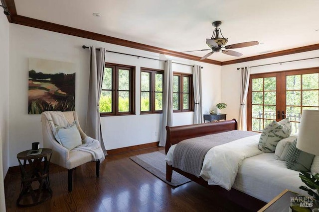 bedroom with french doors, ornamental molding, wood-type flooring, and ceiling fan